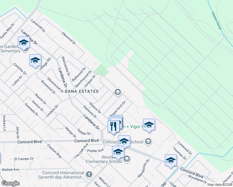 map of restaurants, bars, coffee shops, grocery stores, and more near 1763 Lynwood Drive in Concord