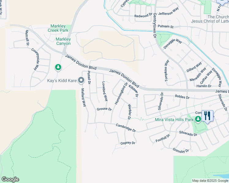 map of restaurants, bars, coffee shops, grocery stores, and more near 3841 Warbler Drive in Antioch