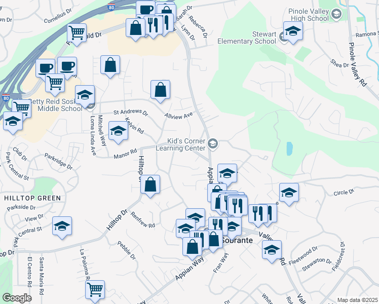 map of restaurants, bars, coffee shops, grocery stores, and more near 783 Manor Road in El Sobrante