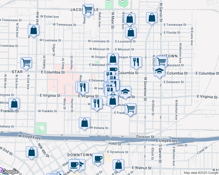 map of restaurants, bars, coffee shops, grocery stores, and more near 600 North Main Street in Evansville