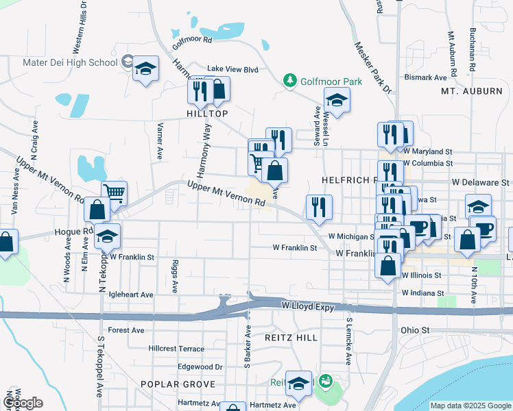 map of restaurants, bars, coffee shops, grocery stores, and more near 2822 Mount Vernon Avenue in Evansville