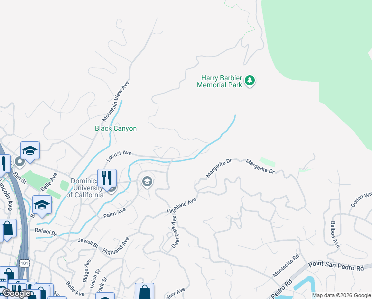 map of restaurants, bars, coffee shops, grocery stores, and more near 31 Gold Hill Grade in San Rafael