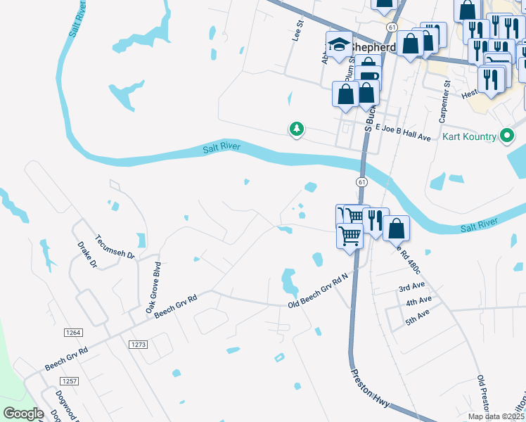 map of restaurants, bars, coffee shops, grocery stores, and more near 761 Oak Grove Boulevard in Shepherdsville