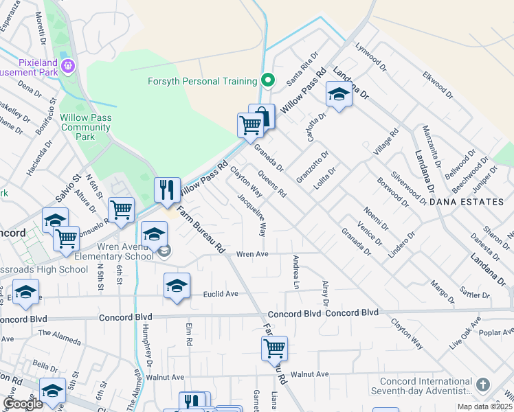 map of restaurants, bars, coffee shops, grocery stores, and more near 3491 Rogers Road in Concord