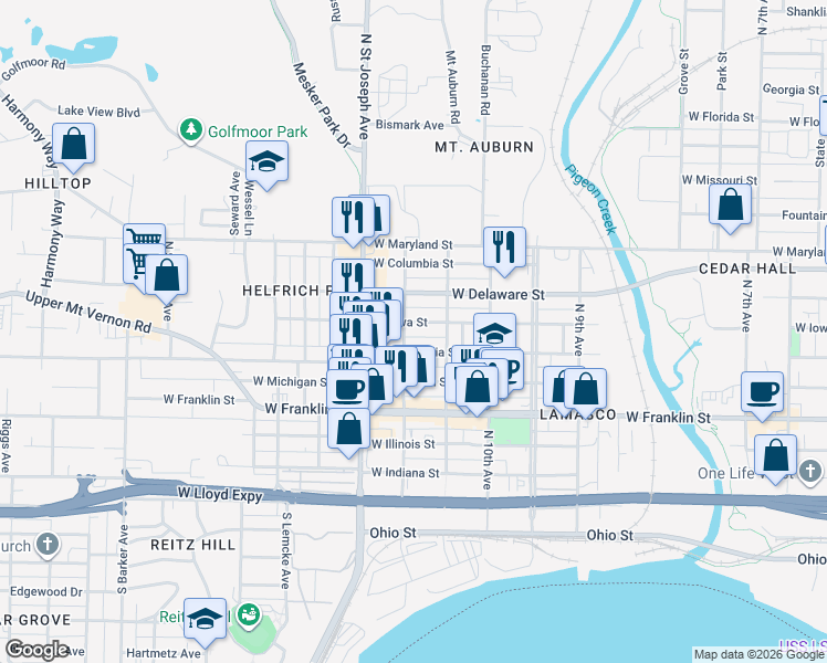 map of restaurants, bars, coffee shops, grocery stores, and more near 2226 West Iowa Street in Evansville