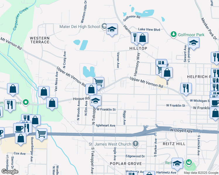 map of restaurants, bars, coffee shops, grocery stores, and more near 3400 Mount Vernon Avenue in Evansville