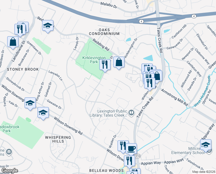 map of restaurants, bars, coffee shops, grocery stores, and more near 501 Brook Farm Court in Lexington