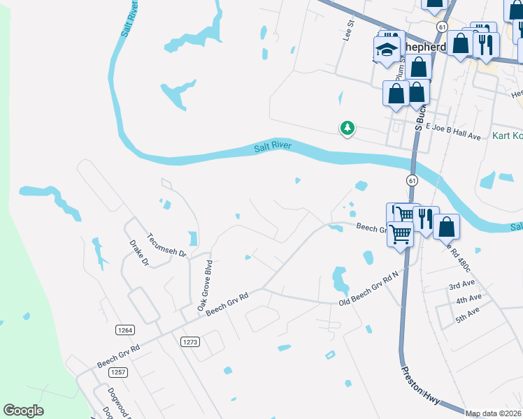 map of restaurants, bars, coffee shops, grocery stores, and more near 214 Crooked Oak Court in Shepherdsville