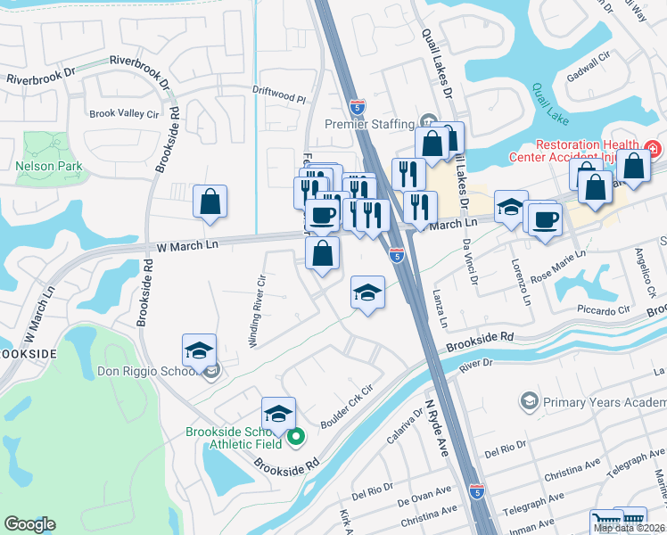 map of restaurants, bars, coffee shops, grocery stores, and more near 2844 West March Lane in Stockton