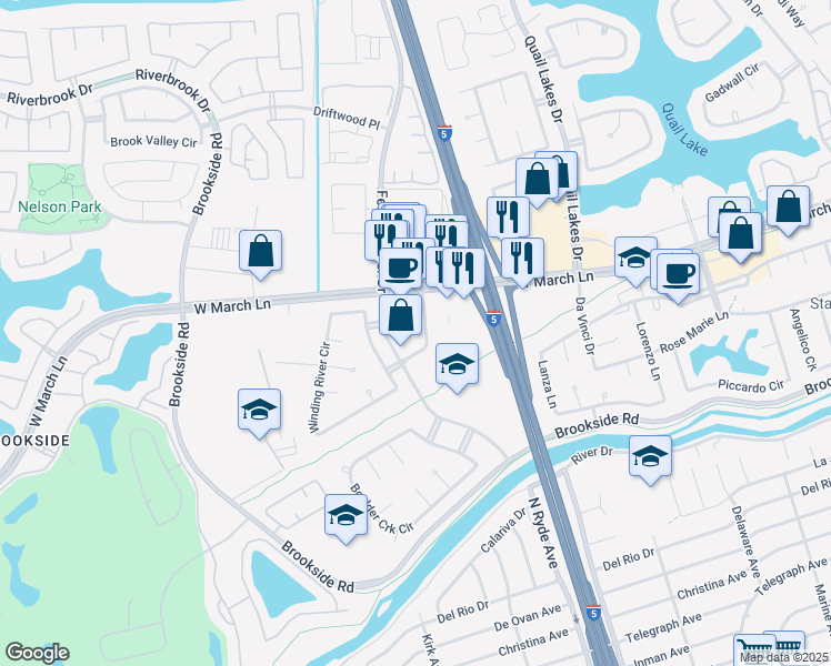 map of restaurants, bars, coffee shops, grocery stores, and more near 2844 West March Lane in Stockton