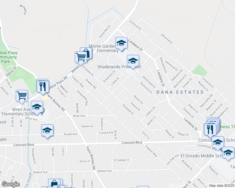 map of restaurants, bars, coffee shops, grocery stores, and more near 3607 Dolores Way in Concord