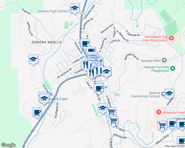 map of restaurants, bars, coffee shops, grocery stores, and more near 14 West Stockton Street in Sonora