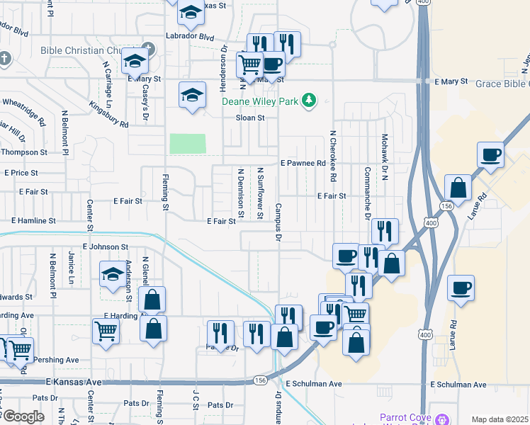 map of restaurants, bars, coffee shops, grocery stores, and more near 2010 North Sunflower Street in Garden City