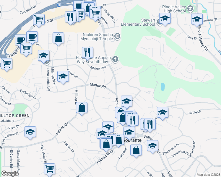 map of restaurants, bars, coffee shops, grocery stores, and more near 766 Manor Road in El Sobrante