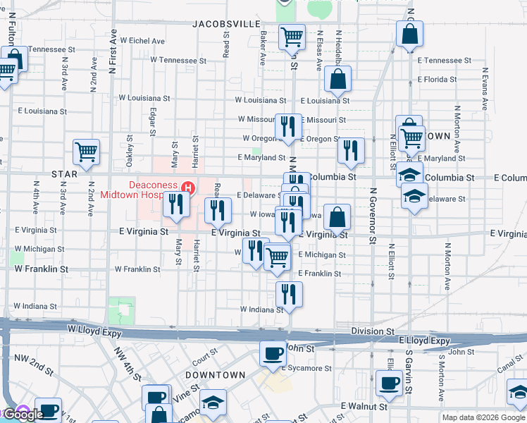 map of restaurants, bars, coffee shops, grocery stores, and more near 39A West Iowa Street in Evansville
