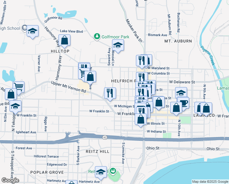 map of restaurants, bars, coffee shops, grocery stores, and more near 505 Wessel Lane in Evansville