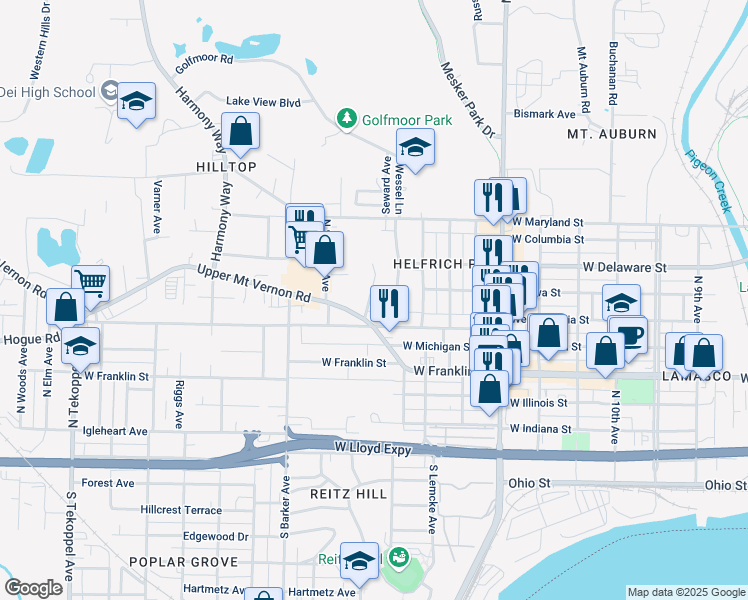 map of restaurants, bars, coffee shops, grocery stores, and more near 517 Helfrich Lane in Evansville