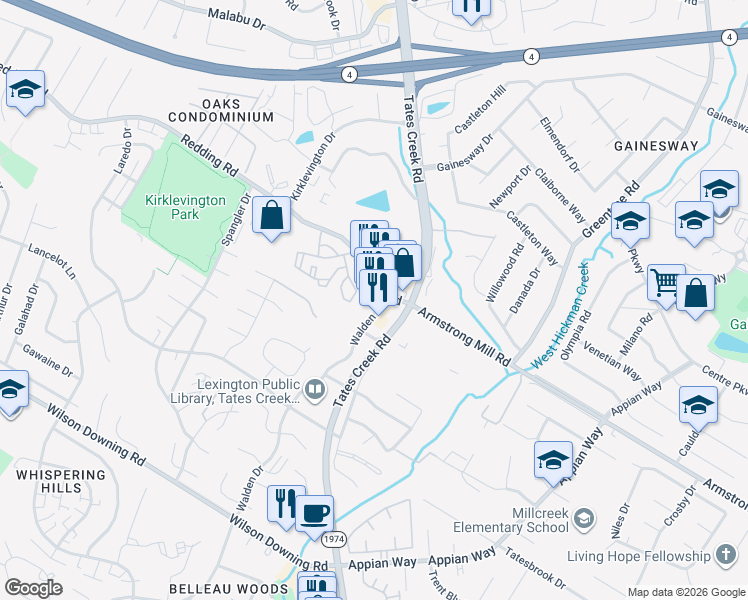 map of restaurants, bars, coffee shops, grocery stores, and more near 3601 Walden Dr in Lexington