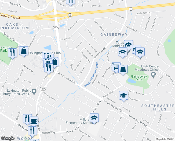 map of restaurants, bars, coffee shops, grocery stores, and more near 3523 Greentree Rd in Lexington