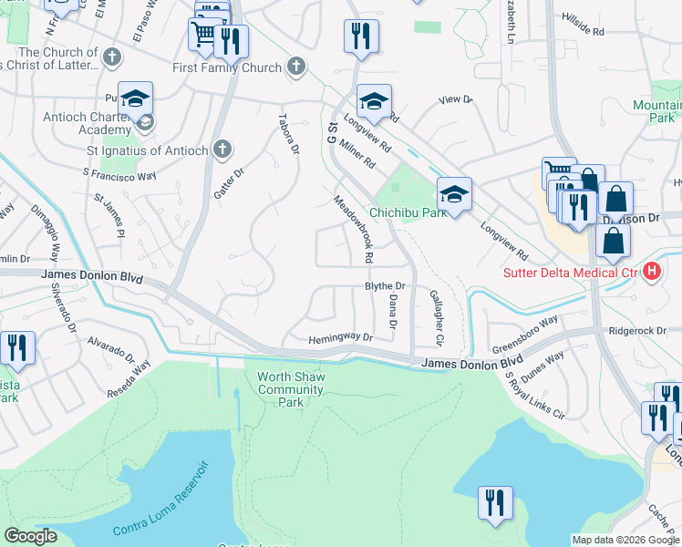 map of restaurants, bars, coffee shops, grocery stores, and more near 3329 Fraser Road in Antioch