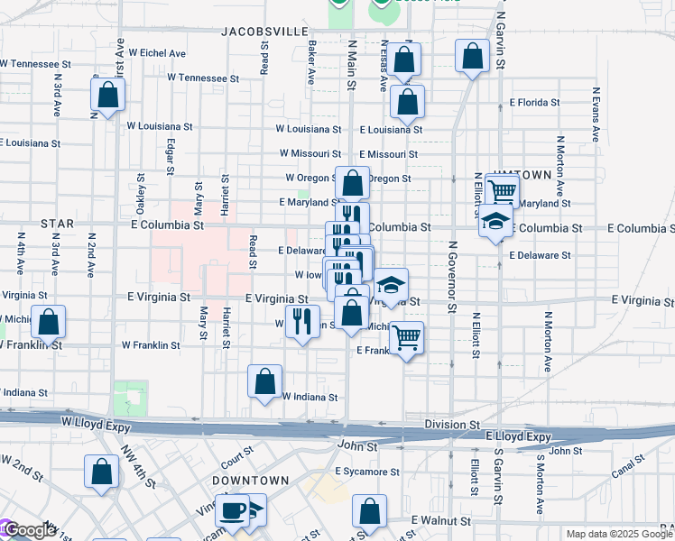 map of restaurants, bars, coffee shops, grocery stores, and more near 600 North Main Street in Evansville