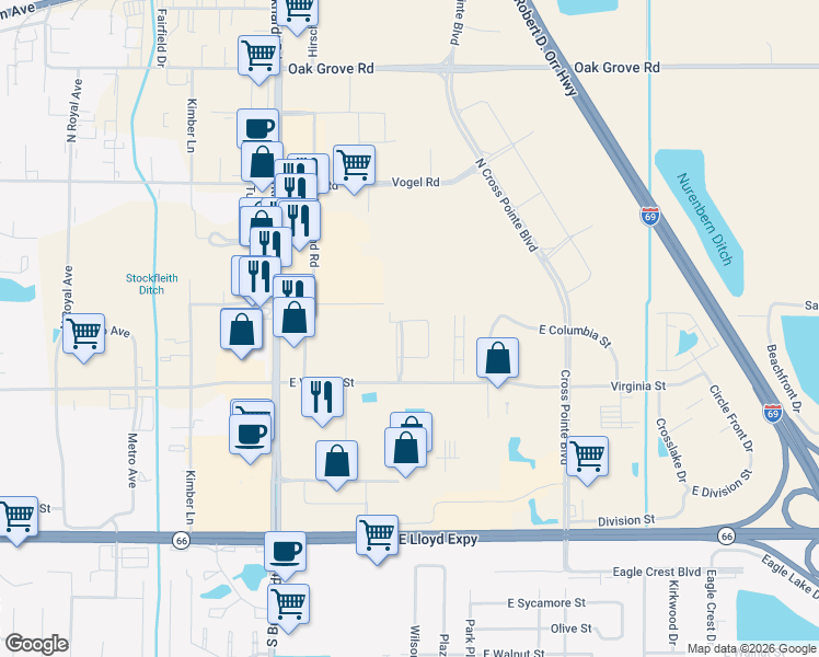 map of restaurants, bars, coffee shops, grocery stores, and more near 626 Brooklyn Avenue in Evansville