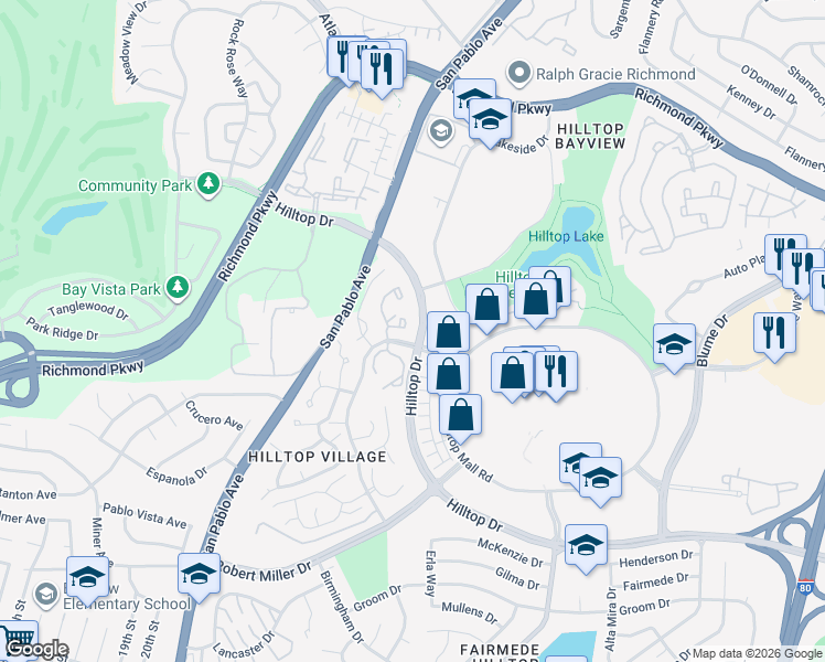 map of restaurants, bars, coffee shops, grocery stores, and more near 2744 East Court in Richmond