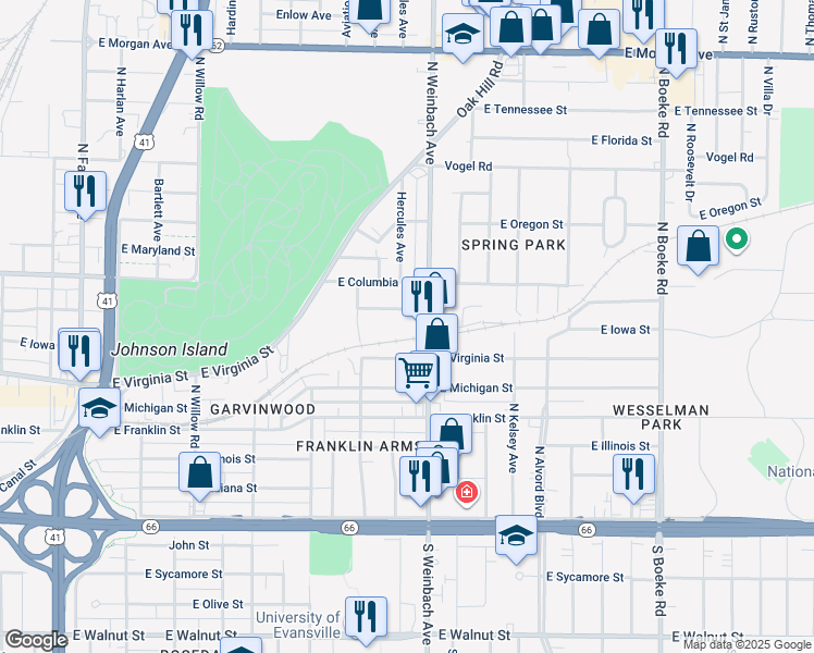map of restaurants, bars, coffee shops, grocery stores, and more near 600 North Weinbach Avenue in Evansville