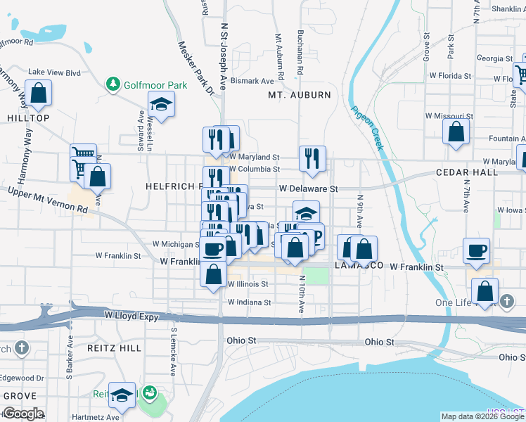map of restaurants, bars, coffee shops, grocery stores, and more near 2226 West Iowa Street in Evansville