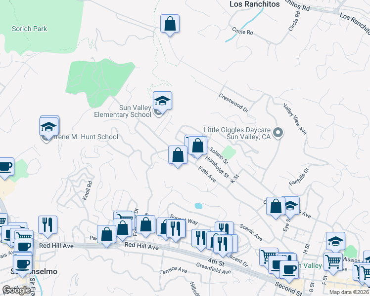 map of restaurants, bars, coffee shops, grocery stores, and more near 229 Humboldt Street in San Rafael