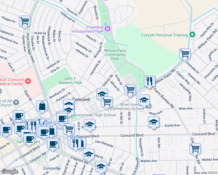 map of restaurants, bars, coffee shops, grocery stores, and more near 1970 Encima Drive in Concord
