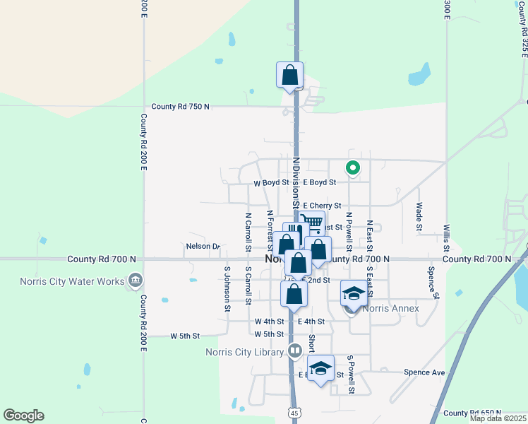 map of restaurants, bars, coffee shops, grocery stores, and more near 340-398 North Forrest Street in Norris City