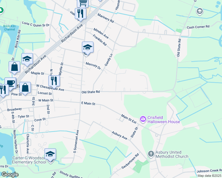 map of restaurants, bars, coffee shops, grocery stores, and more near 26426 Old State Road in Crisfield