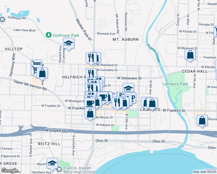 map of restaurants, bars, coffee shops, grocery stores, and more near 2220 West Iowa Street in Evansville
