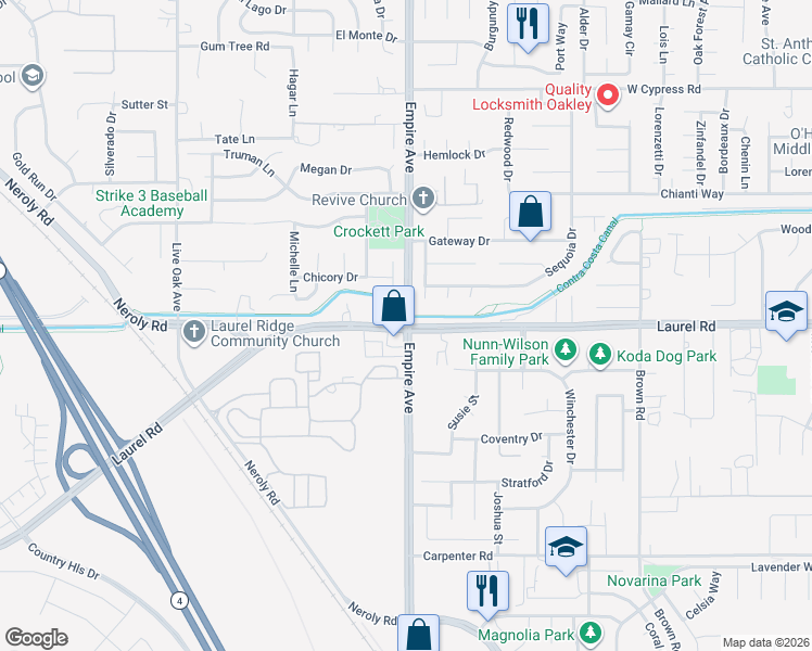 map of restaurants, bars, coffee shops, grocery stores, and more near Empire Avenue in Oakley