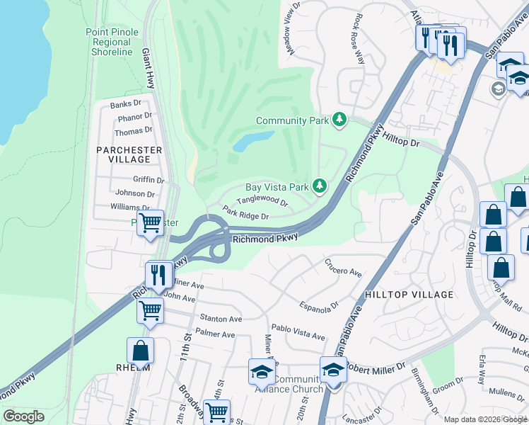 map of restaurants, bars, coffee shops, grocery stores, and more near 3331 Park Ridge Drive in Richmond