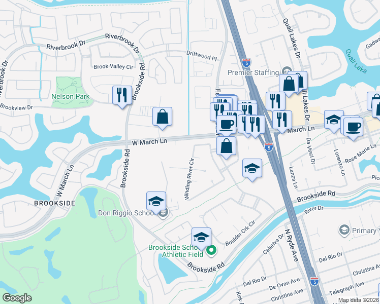 map of restaurants, bars, coffee shops, grocery stores, and more near 4572 Winding River Circle in Stockton