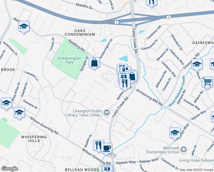 map of restaurants, bars, coffee shops, grocery stores, and more near 585 Rhodora Ridge in Lexington