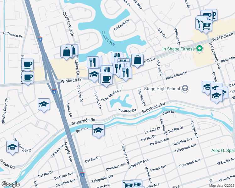map of restaurants, bars, coffee shops, grocery stores, and more near 2324 Rosemarie Lane in Stockton