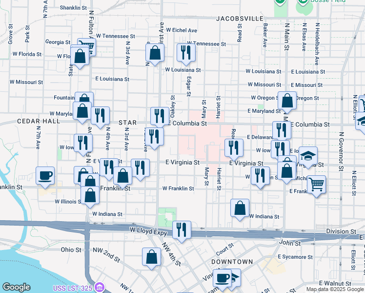 map of restaurants, bars, coffee shops, grocery stores, and more near 617 Oakley Street in Evansville