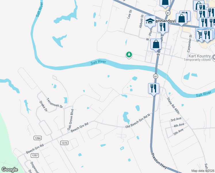 map of restaurants, bars, coffee shops, grocery stores, and more near 183 Wooded Oak Court in Shepherdsville