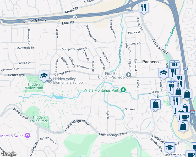 map of restaurants, bars, coffee shops, grocery stores, and more near 2259 Yellowstone Drive in Martinez