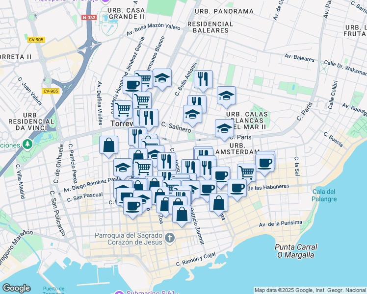 map of restaurants, bars, coffee shops, grocery stores, and more near 23 Calle Maestro Francisco Casanovas in Torrevieja