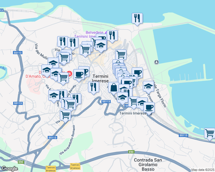 map of restaurants, bars, coffee shops, grocery stores, and more near 123 Via Stesicoro in Termini Imerese