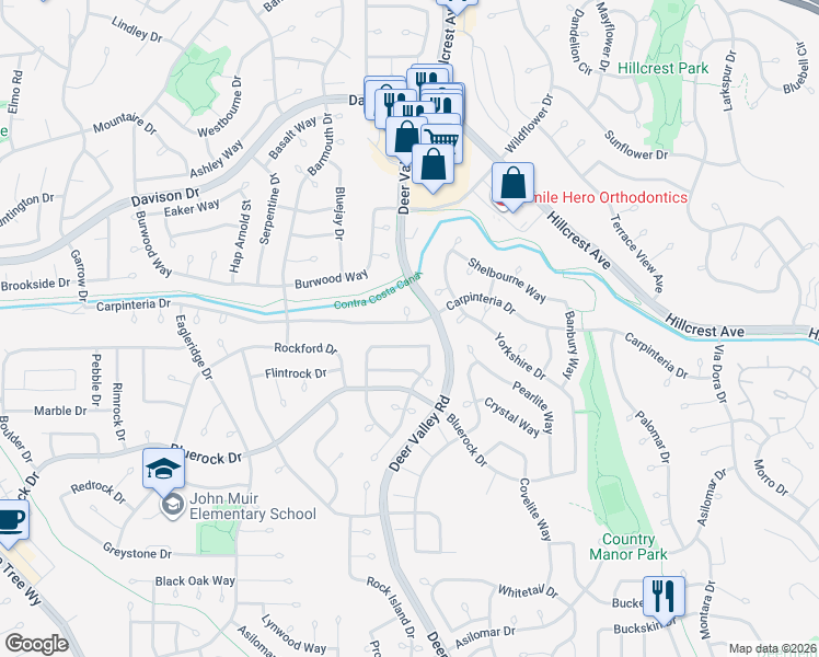 map of restaurants, bars, coffee shops, grocery stores, and more near 2112 Carpinteria Drive in Antioch