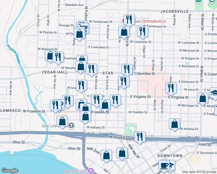 map of restaurants, bars, coffee shops, grocery stores, and more near 929 West Iowa Street in Evansville