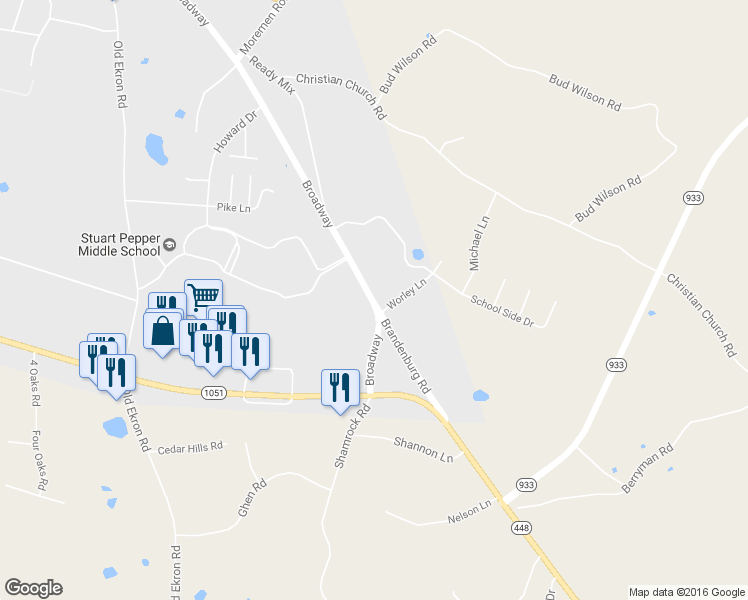 map of restaurants, bars, coffee shops, grocery stores, and more near 827 Brandenburg Road in Brandenburg