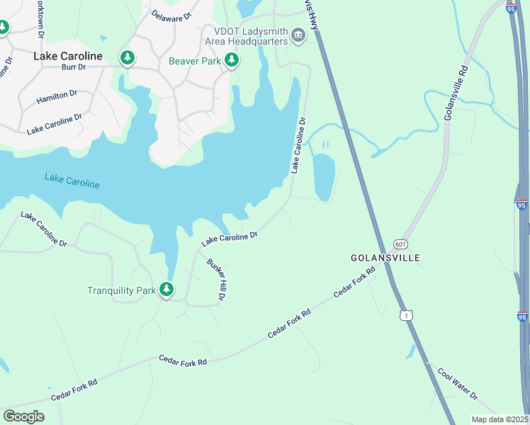 map of restaurants, bars, coffee shops, grocery stores, and more near 36 Lake Caroline Drive in Ruther Glen