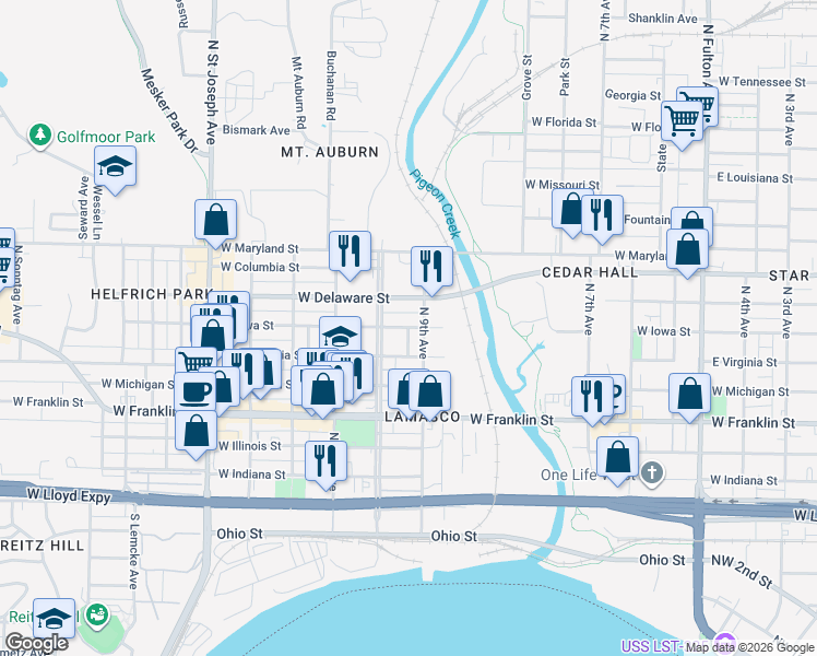 map of restaurants, bars, coffee shops, grocery stores, and more near 599 Casselberry Ave in Evansville