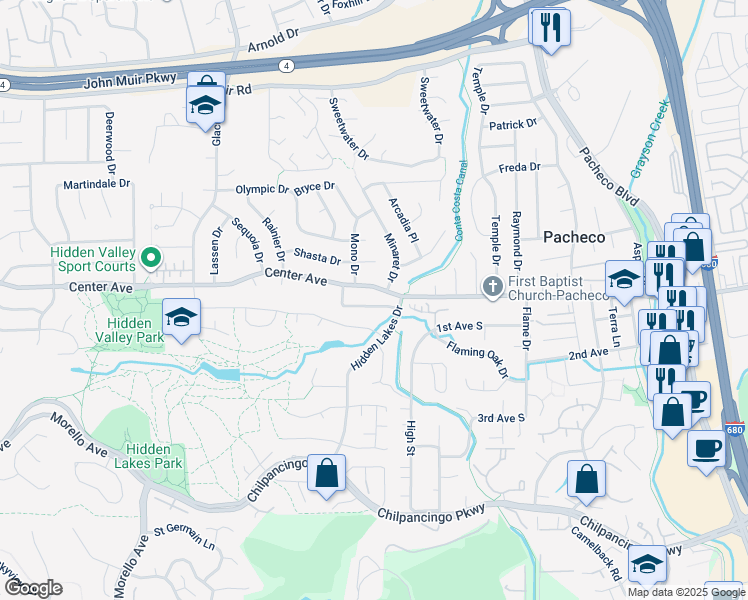 map of restaurants, bars, coffee shops, grocery stores, and more near 2259 Yellowstone Drive in Martinez
